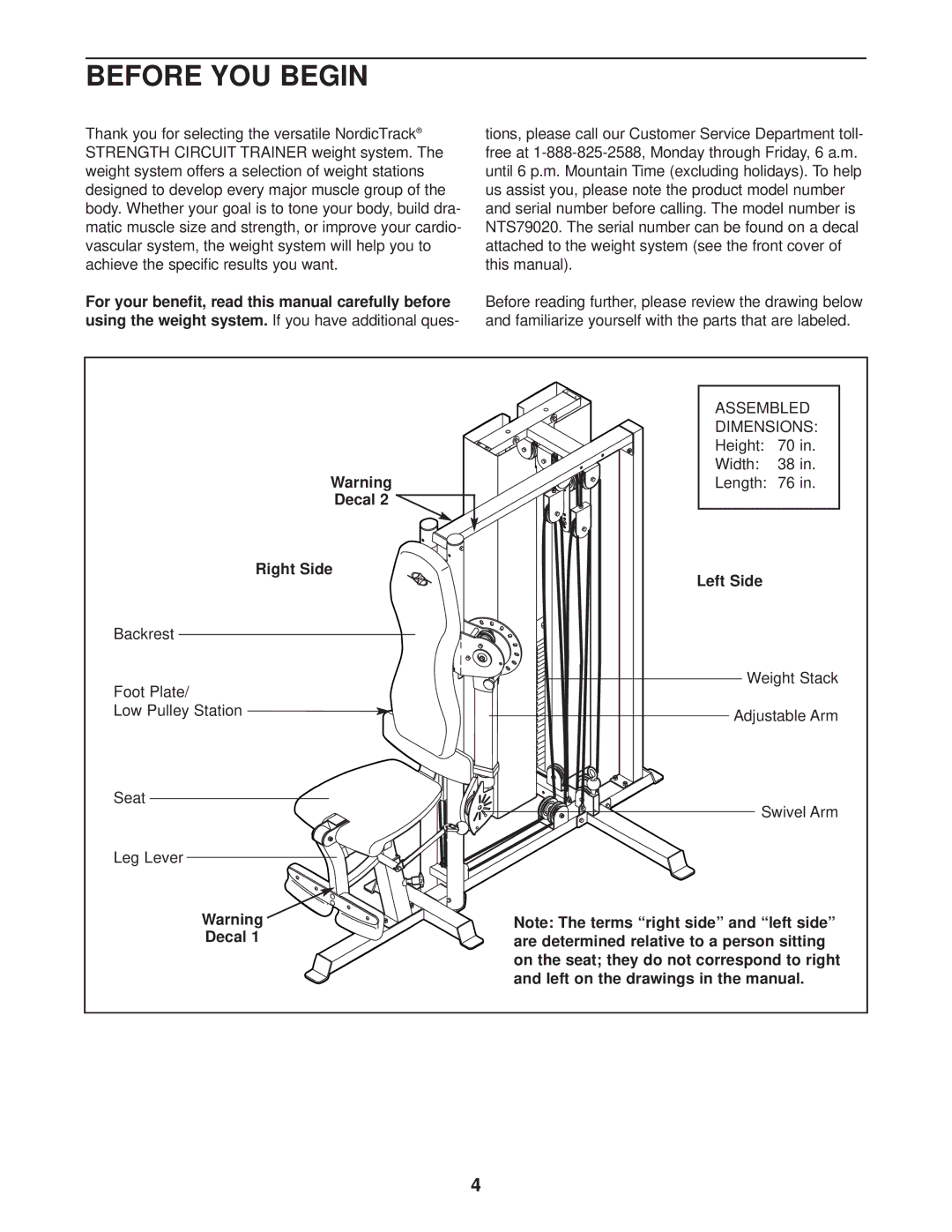 NordicTrack NTS79020 user manual Before YOU Begin, Decal Right Side, Left Side 