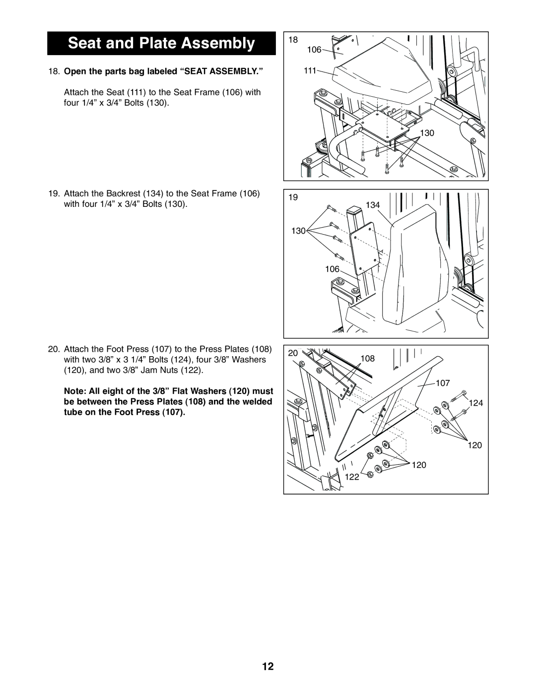 NordicTrack NTSA03990 user manual Seat and Plate Assembly, Open the parts bag labeled Seat Assembly 