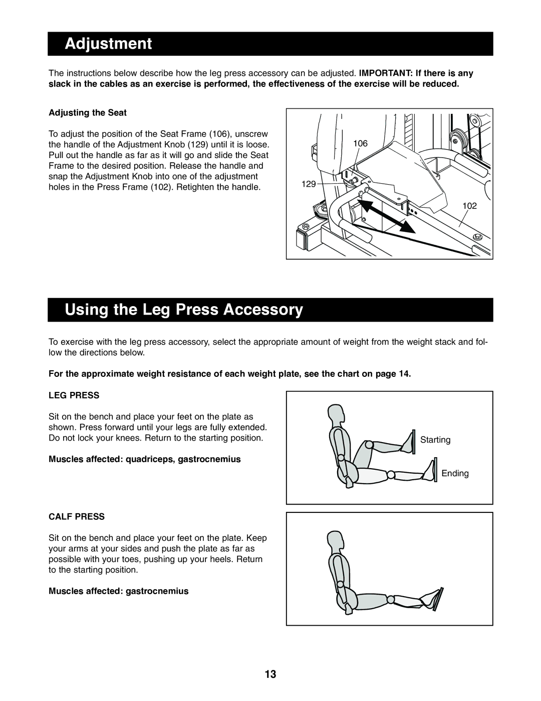 NordicTrack NTSA03990 Adjustment, Using the Leg Press Accessory, Adjusting the Seat, Muscles affected gastrocnemius 