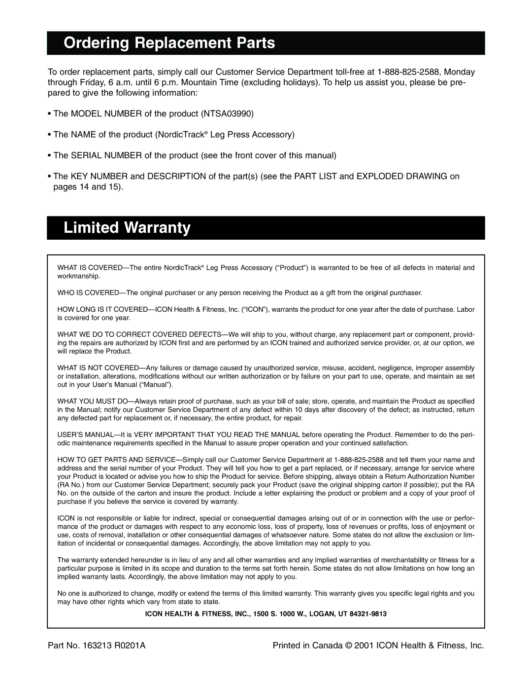 NordicTrack NTSA03990 user manual Ordering Replacement Parts, Limited Warranty 