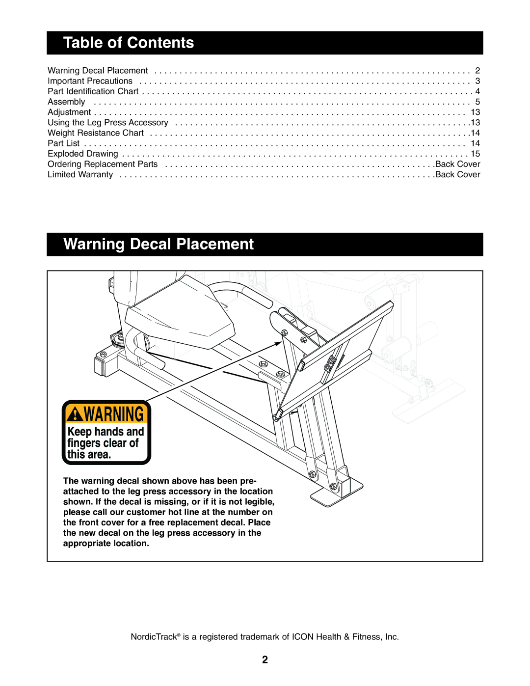 NordicTrack NTSA03990 user manual Table of Contents 