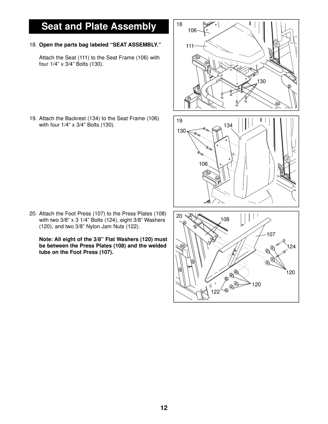 NordicTrack NTSA03991 user manual Seat and Plate Assembly, Open the parts bag labeled Seat Assembly 