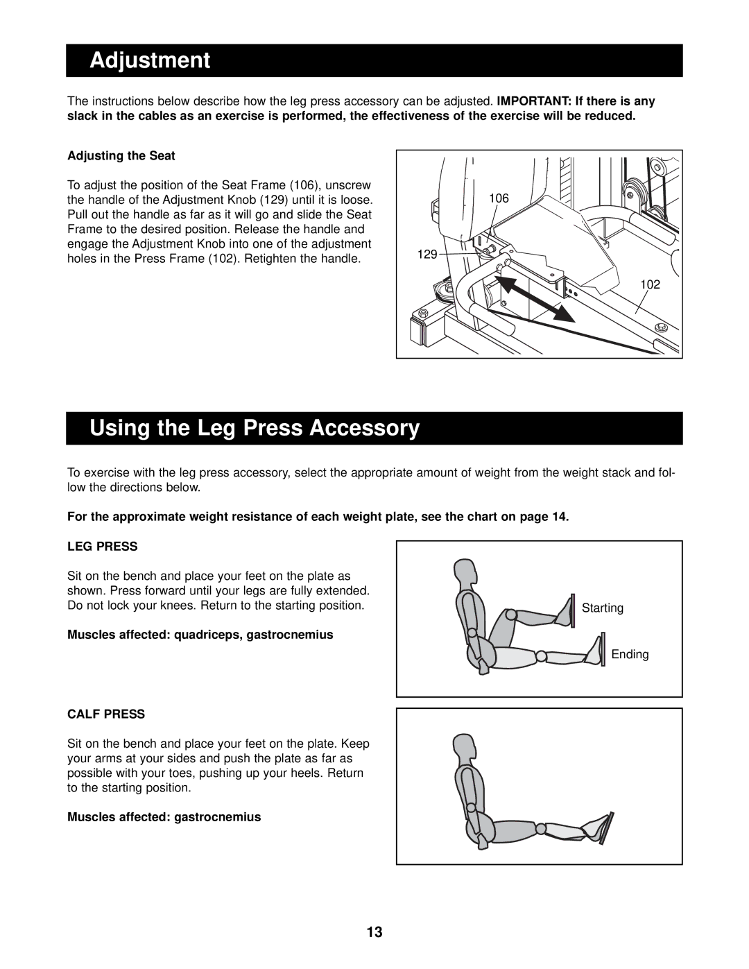 NordicTrack NTSA03991 Adjustment, Using the Leg Press Accessory, Adjusting the Seat, Muscles affected gastrocnemius 