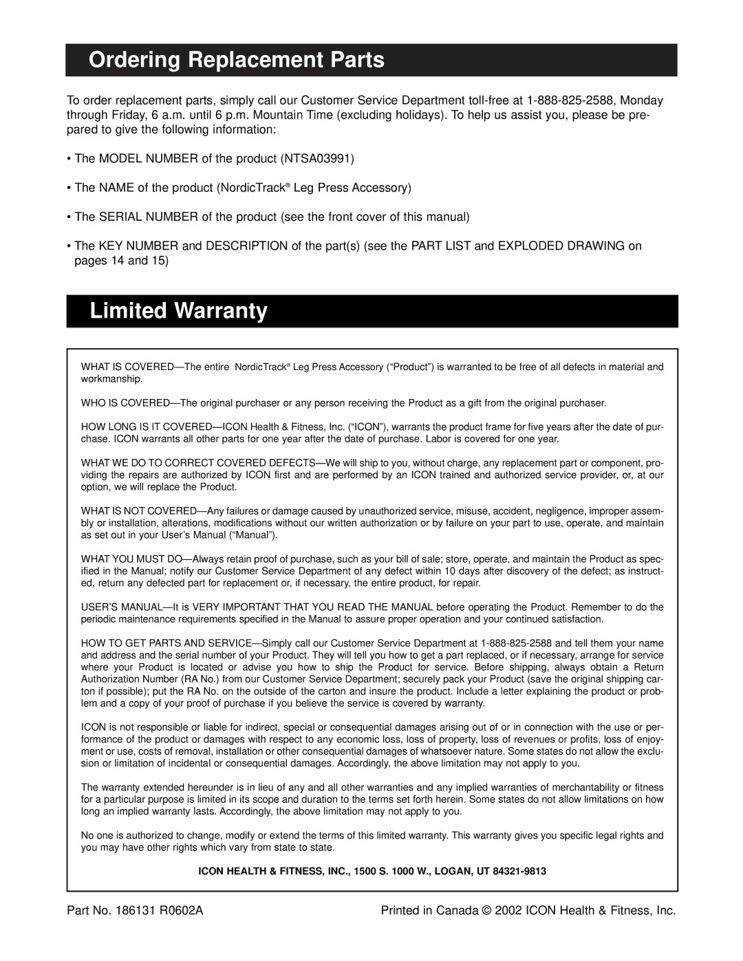 NordicTrack NTSA03991 user manual Ordering Replacement Parts, Limited Warranty 