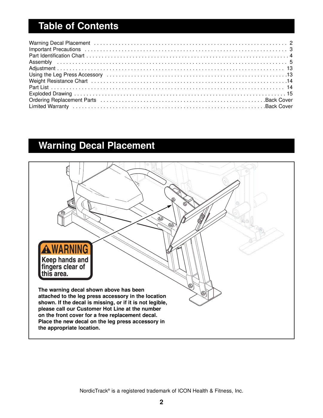 NordicTrack NTSA03991 user manual Table of Contents 