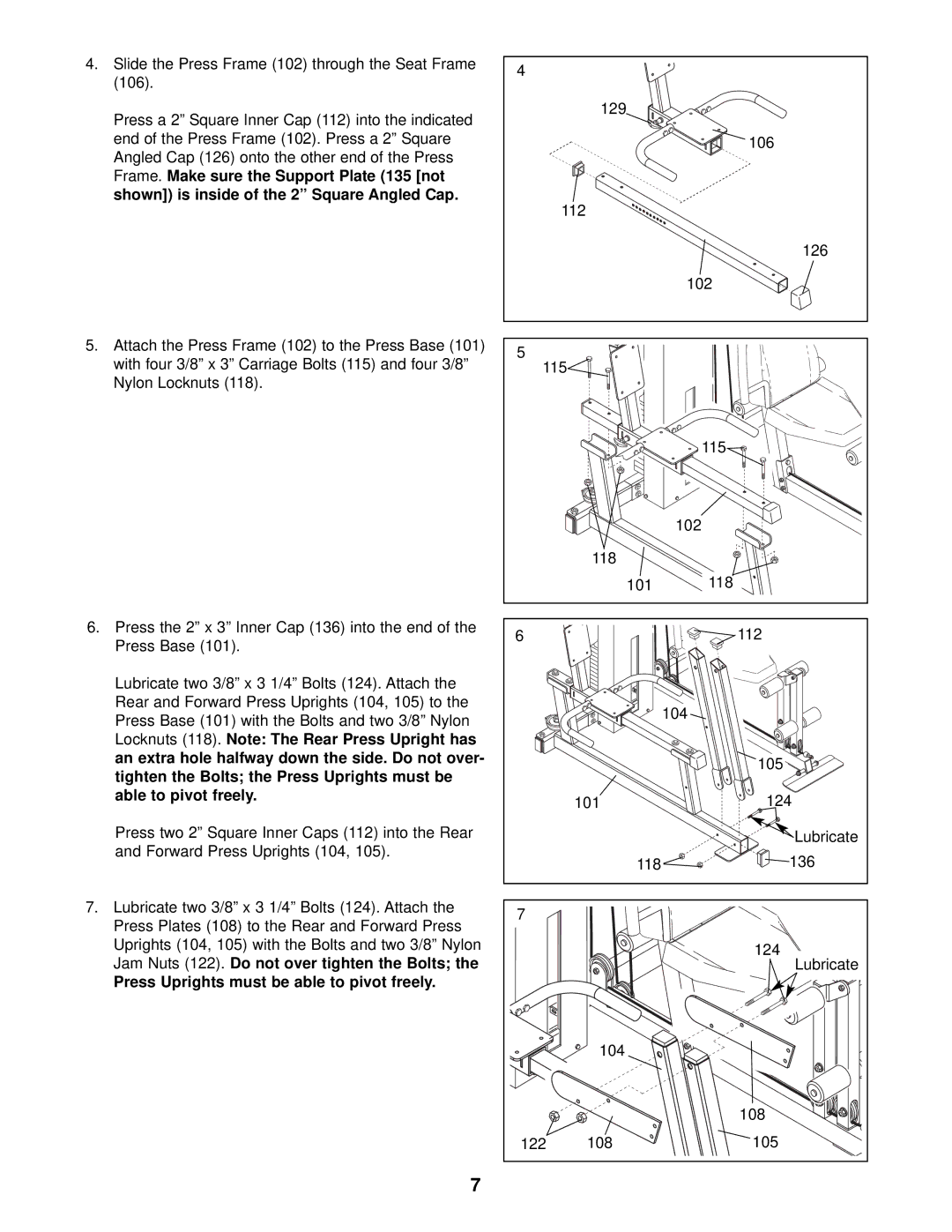 NordicTrack NTSA03991 user manual Press Uprights must be able to pivot freely 