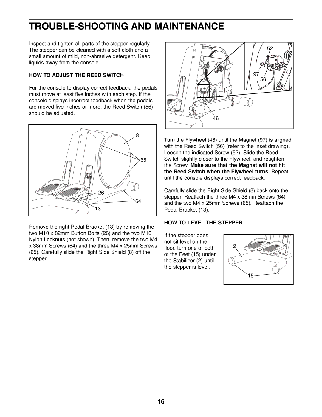 NordicTrack NTST07900 user manual TROUBLE-SHOOTING and Maintenance, HOW to Adjust the Reed Switch, HOW to Level the Stepper 