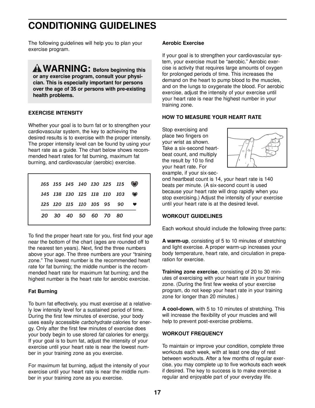 NordicTrack NTST07900 Conditioning Guidelines, Exercise Intensity, HOW to Measure Your Heart Rate, Workout Guidelines 