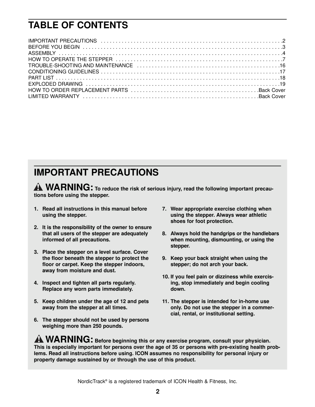 NordicTrack NTST07900 user manual Table of Contents, Important Precautions 