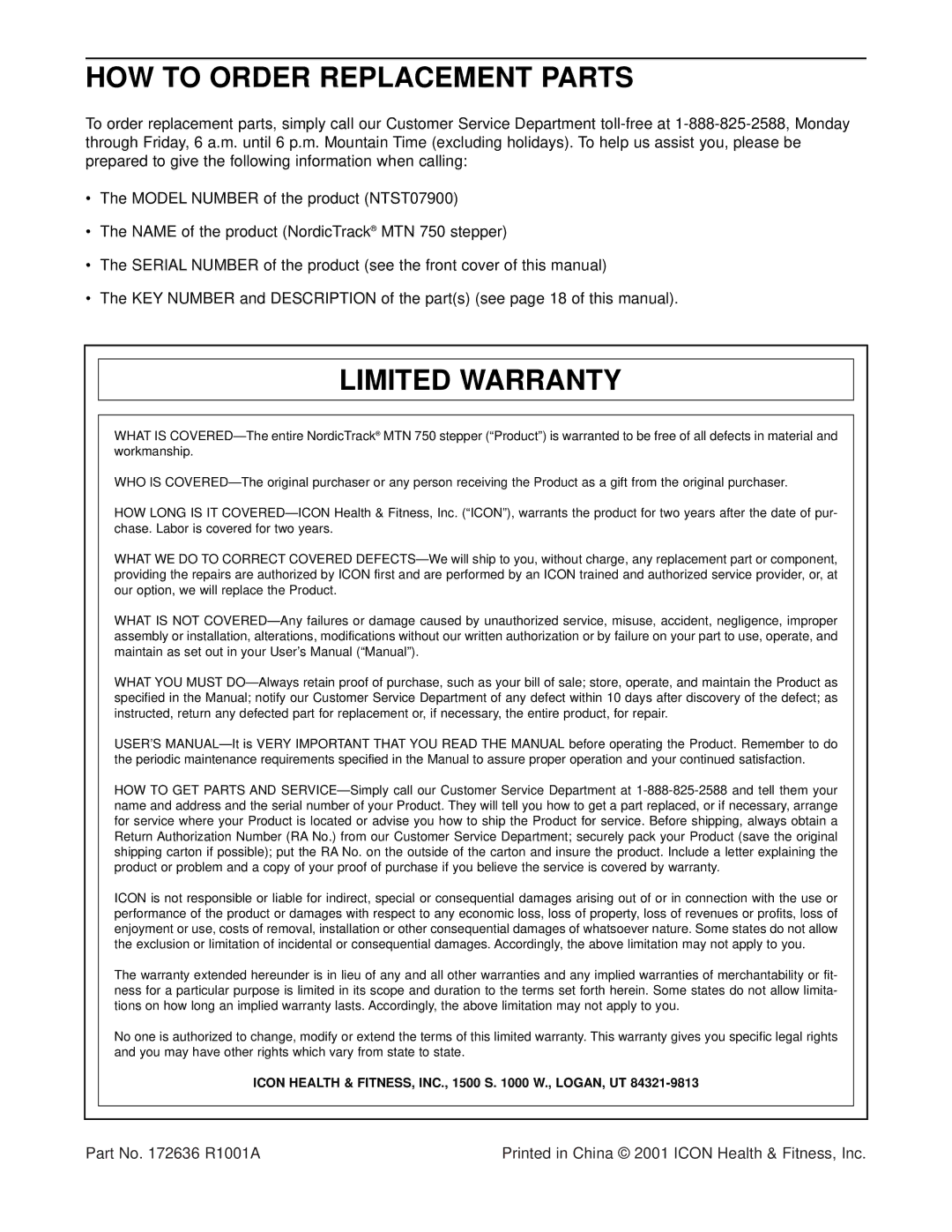 NordicTrack NTST07900 user manual HOW to Order Replacement Parts, Limited Warranty 