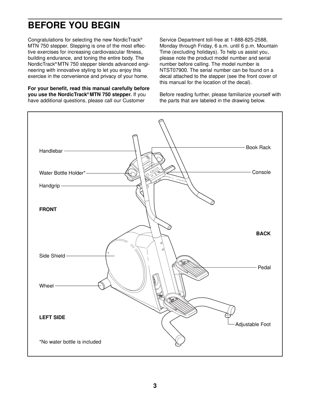 NordicTrack NTST07900 user manual Before YOU Begin, Front Back, Left Side 