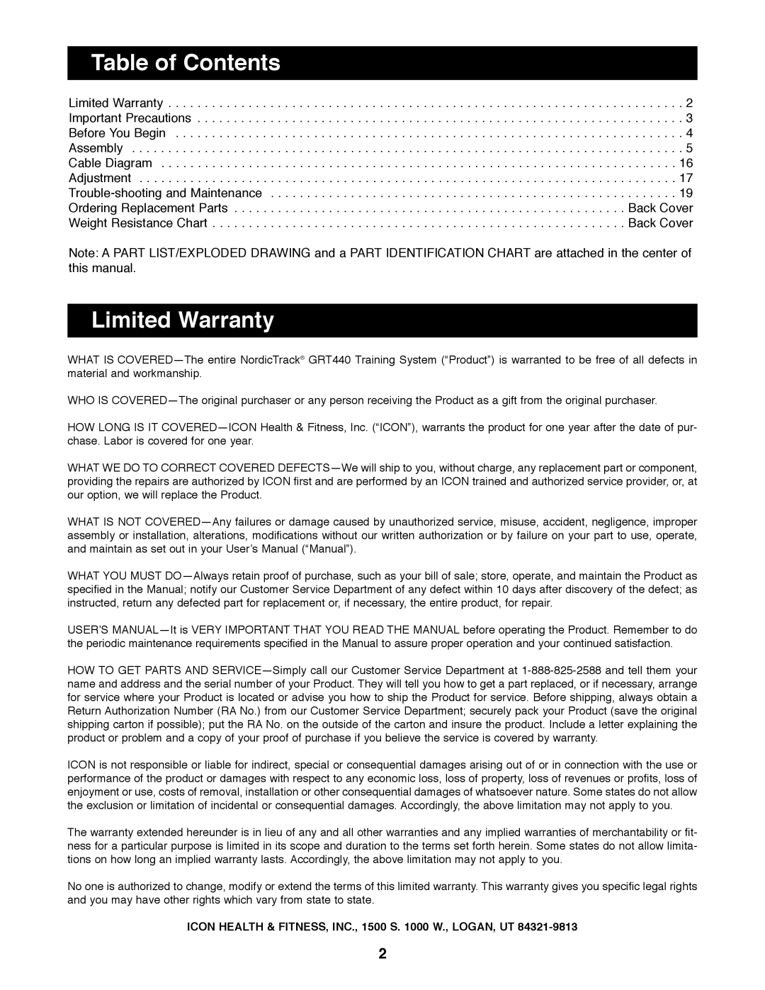 NordicTrack NTSY06990 manual Table of Contents, Limited Warranty 