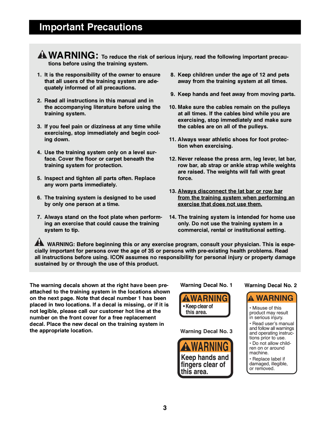 NordicTrack NTSY06990 manual Important Precautions 