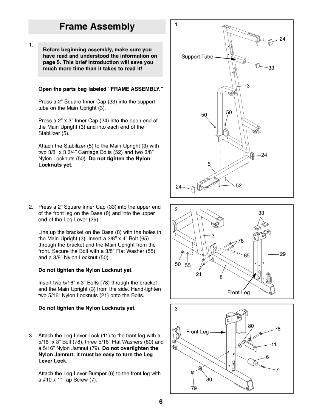 NordicTrack NTSY06990 manual Do not tighten the Nylon Locknut yet, Do not tighten the Nylon Locknuts yet 