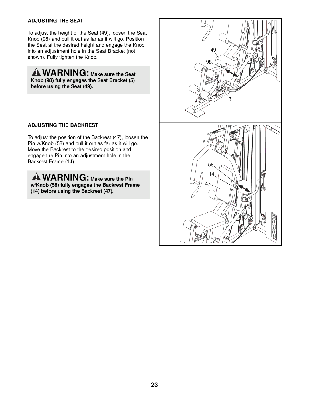 NordicTrack NTSY59210 user manual Adjusting the Seat, Adjusting the Backrest 