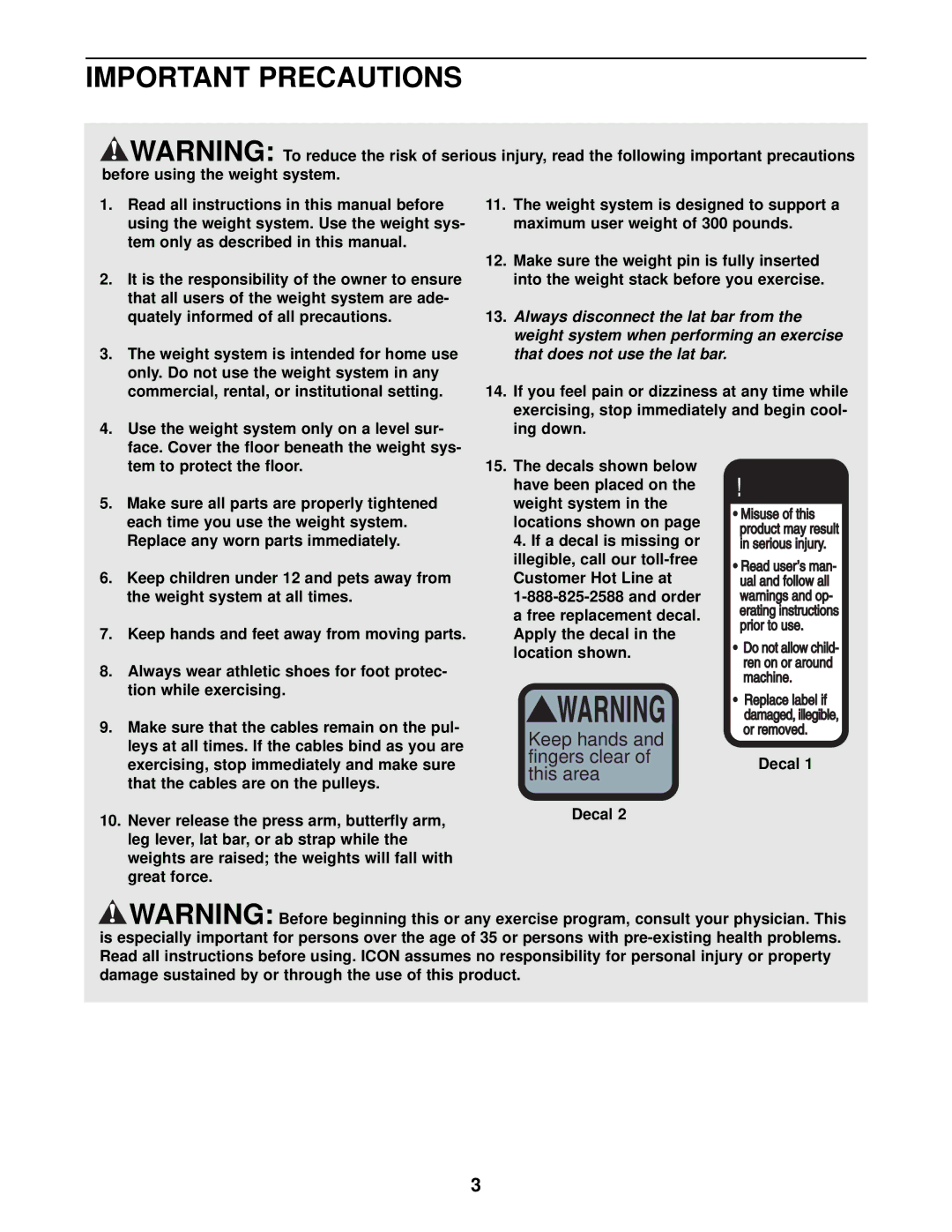 NordicTrack NTSY59210 user manual Important Precautions, Decal 