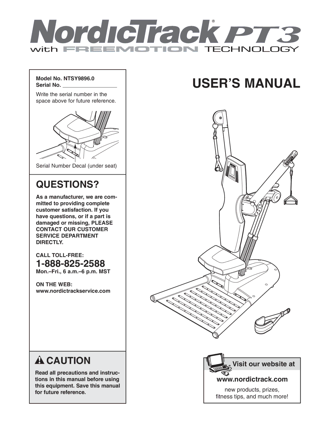 NordicTrack user manual Questions?, Model No. NTSY9896.0 Serial No, Call TOLL-FREE 