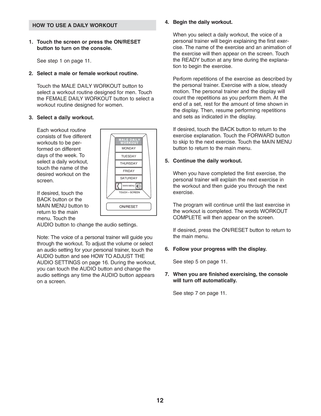 NordicTrack NTSY9896.0 HOW to USE a Daily Workout, Select a male or female workout routine, Select a daily workout 