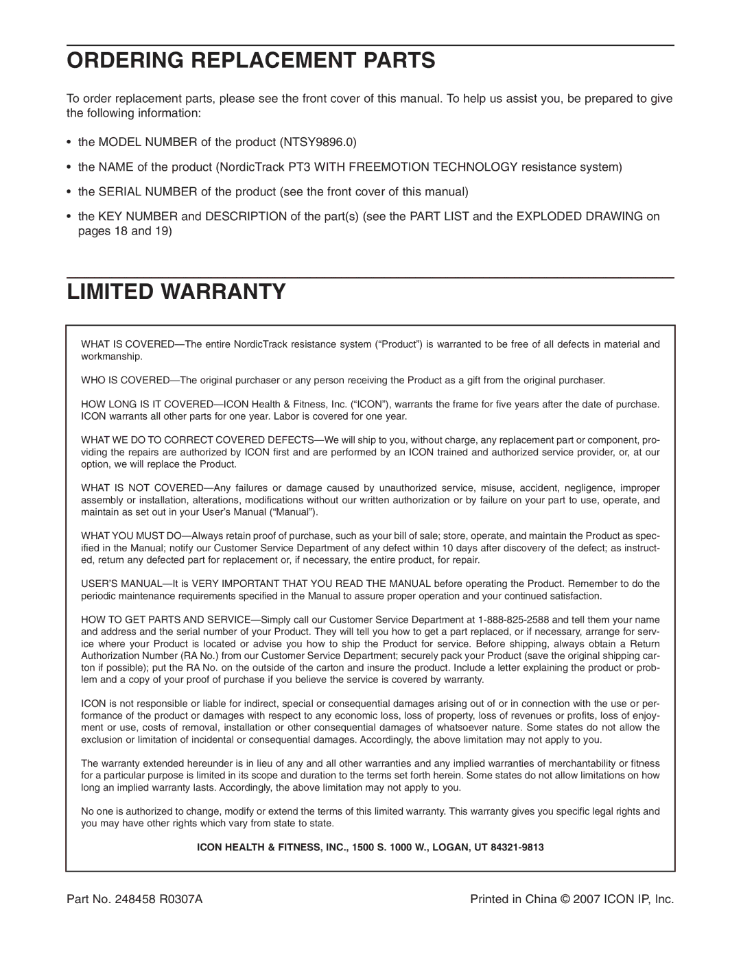 NordicTrack NTSY9896.0 user manual Ordering Replacement Parts, Limited Warranty 