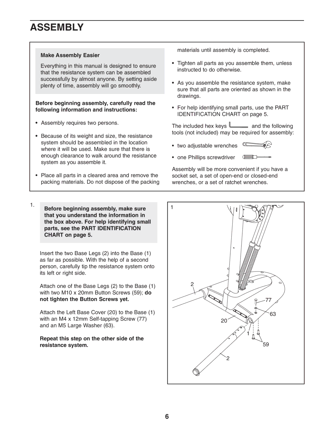 NordicTrack NTSY9897.0 Make Assembly Easier, Before beginning assembly, make sure, Not tighten the Button Screws yet 