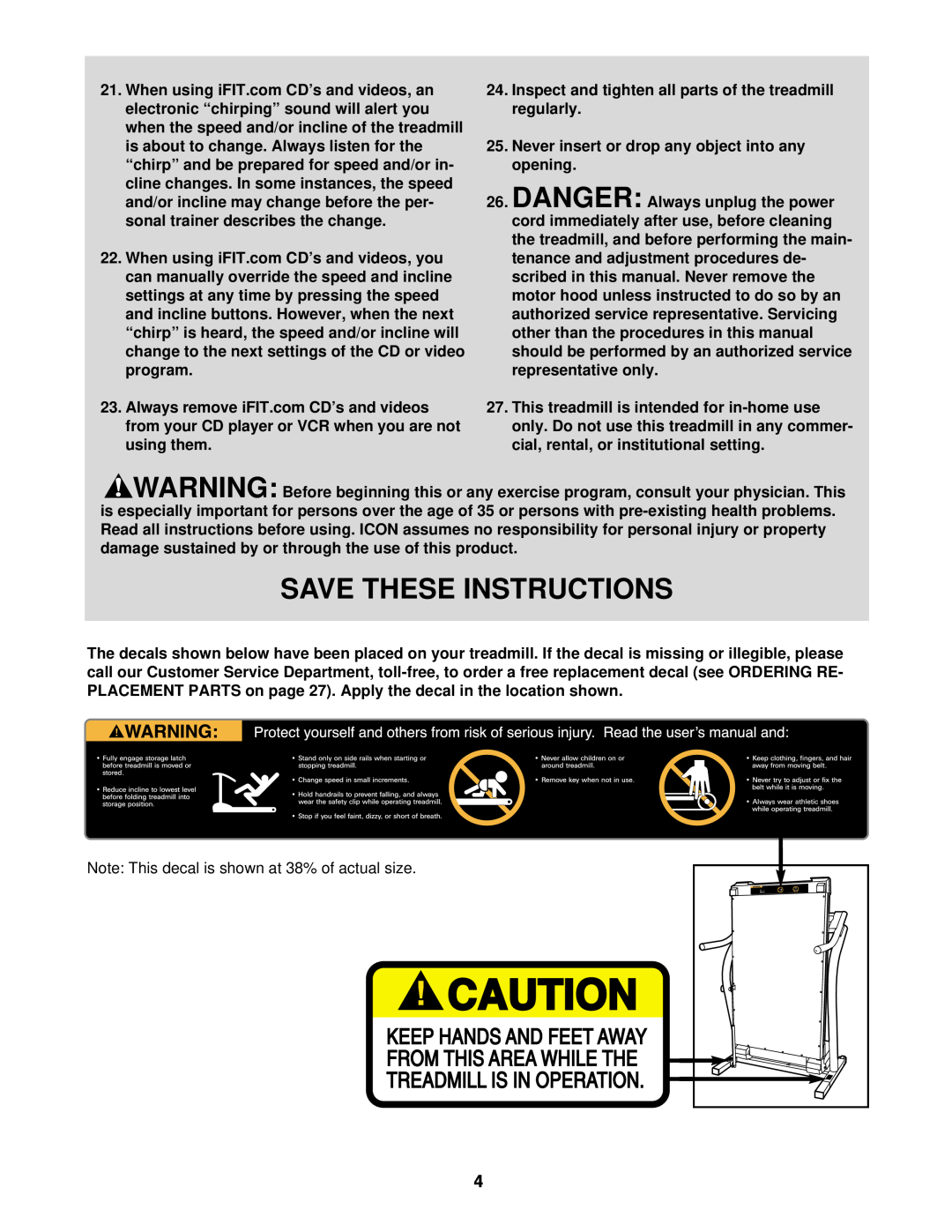 NordicTrack NTTL09610 user manual Save These Instructions, Inspect and tighten all parts of the treadmill regularly 