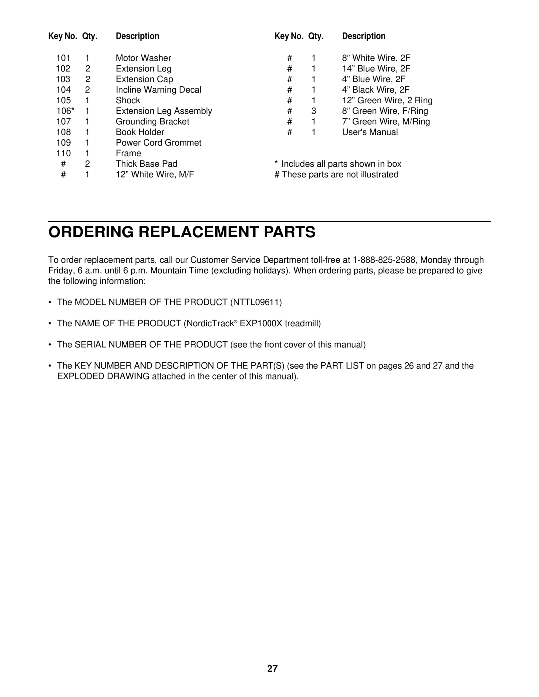 NordicTrack NTTL09611 manual Ordering Replacement Parts 