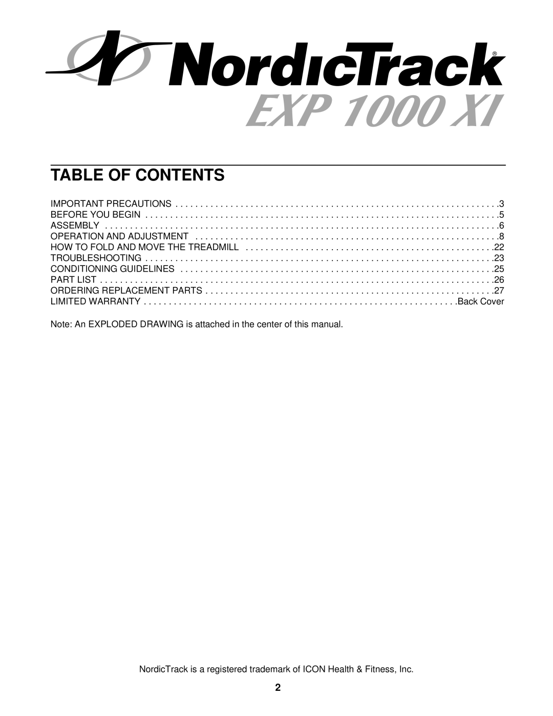 NordicTrack NTTL09711 manual Table of Contents 