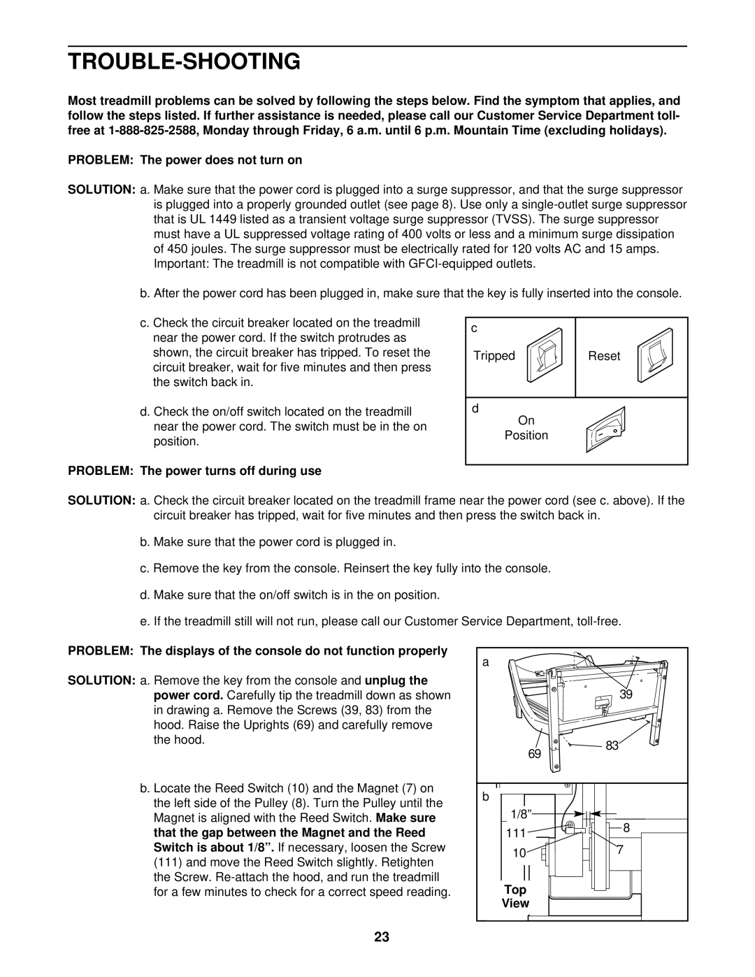 NordicTrack NTTL09900 manual Trouble-Shooting, Problem The power turns off during use, Top View 