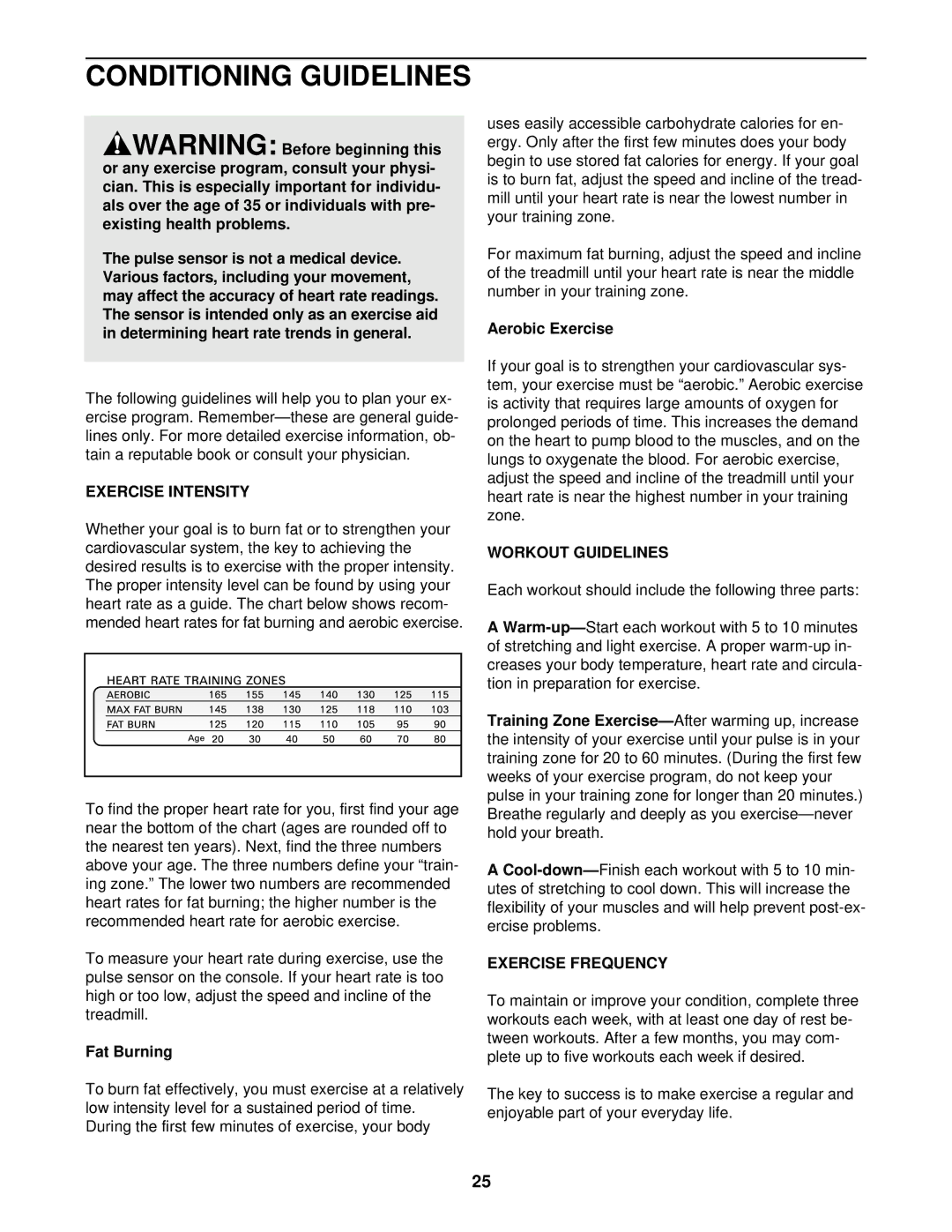 NordicTrack NTTL09901 user manual Conditioning Guidelines, Exercise Intensity, Workout Guidelines, Exercise Frequency 