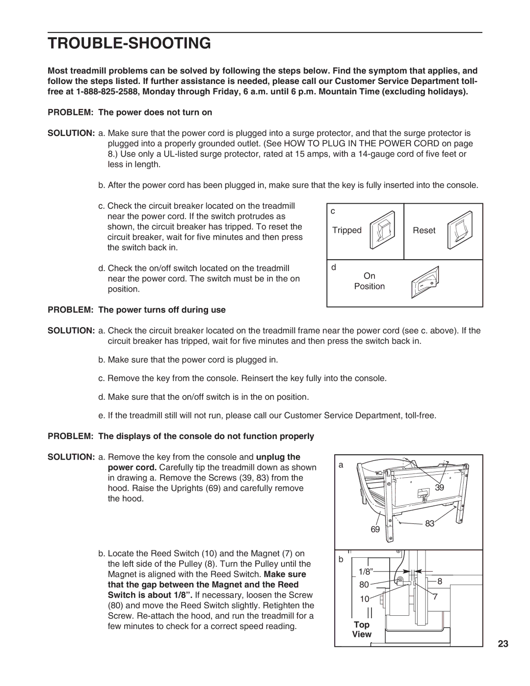 NordicTrack NTTL09990 user manual Trouble-Shooting, Problem The power turns off during use, Top View 