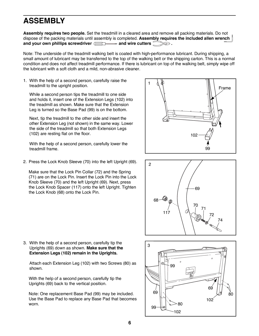 NordicTrack NTTL09992 Assembly, Your own phillips screwdriver and wire cutters, Extension Legs 102 remain in the Uprights 