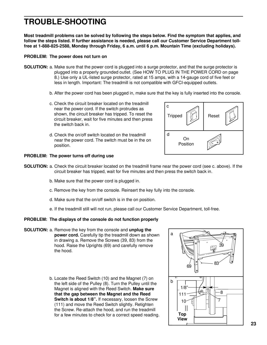 NordicTrack NTTL09994 user manual Trouble-Shooting, Problem The power turns off during use, Top View 