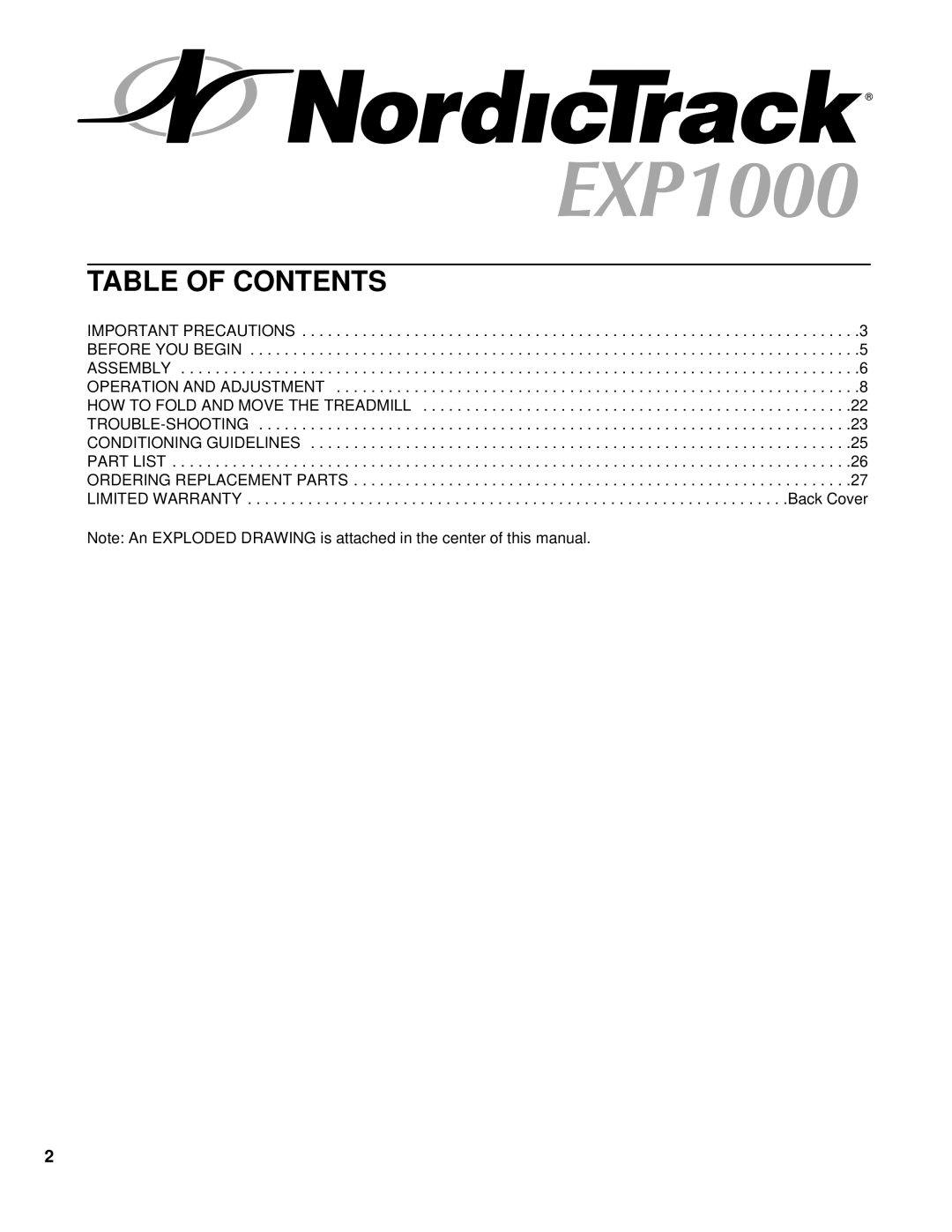 NordicTrack NTTL09994 user manual Table Of Contents, Note An EXPLODED DRAWING is attached in the center of this manual 