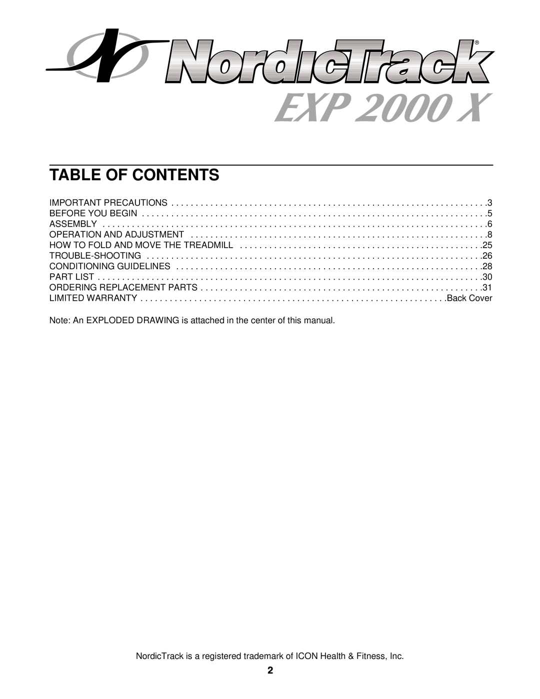 NordicTrack NTTL10510 user manual Table Of Contents, Note An EXPLODED DRAWING is attached in the center of this manual 