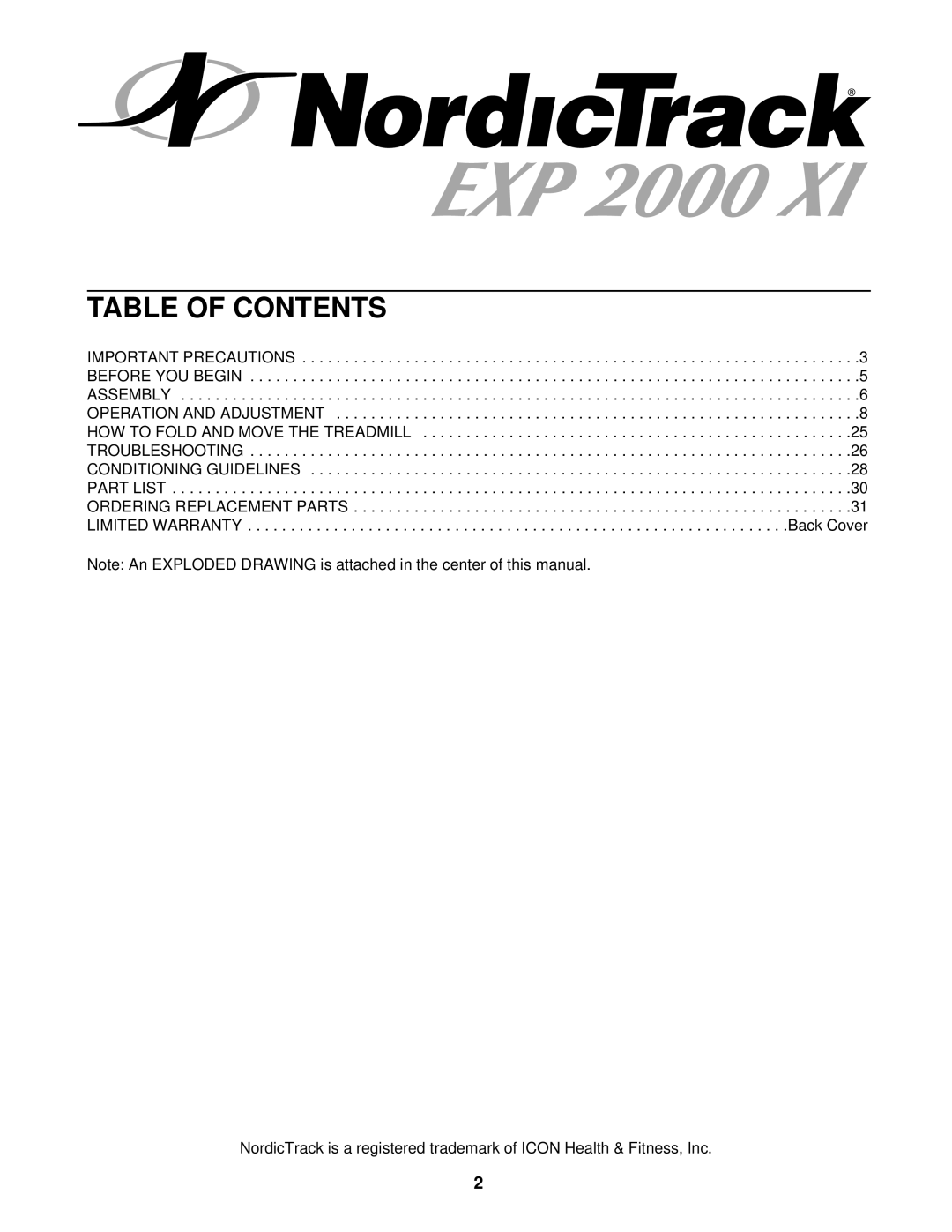 NordicTrack NTTL10610 manual Table of Contents 