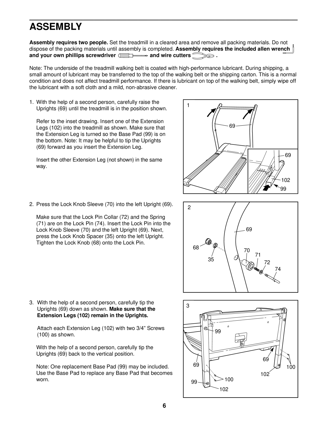 NordicTrack NTTL10610 Assembly, Your own phillips screwdriver and wire cutters, Extension Legs 102 remain in the Uprights 