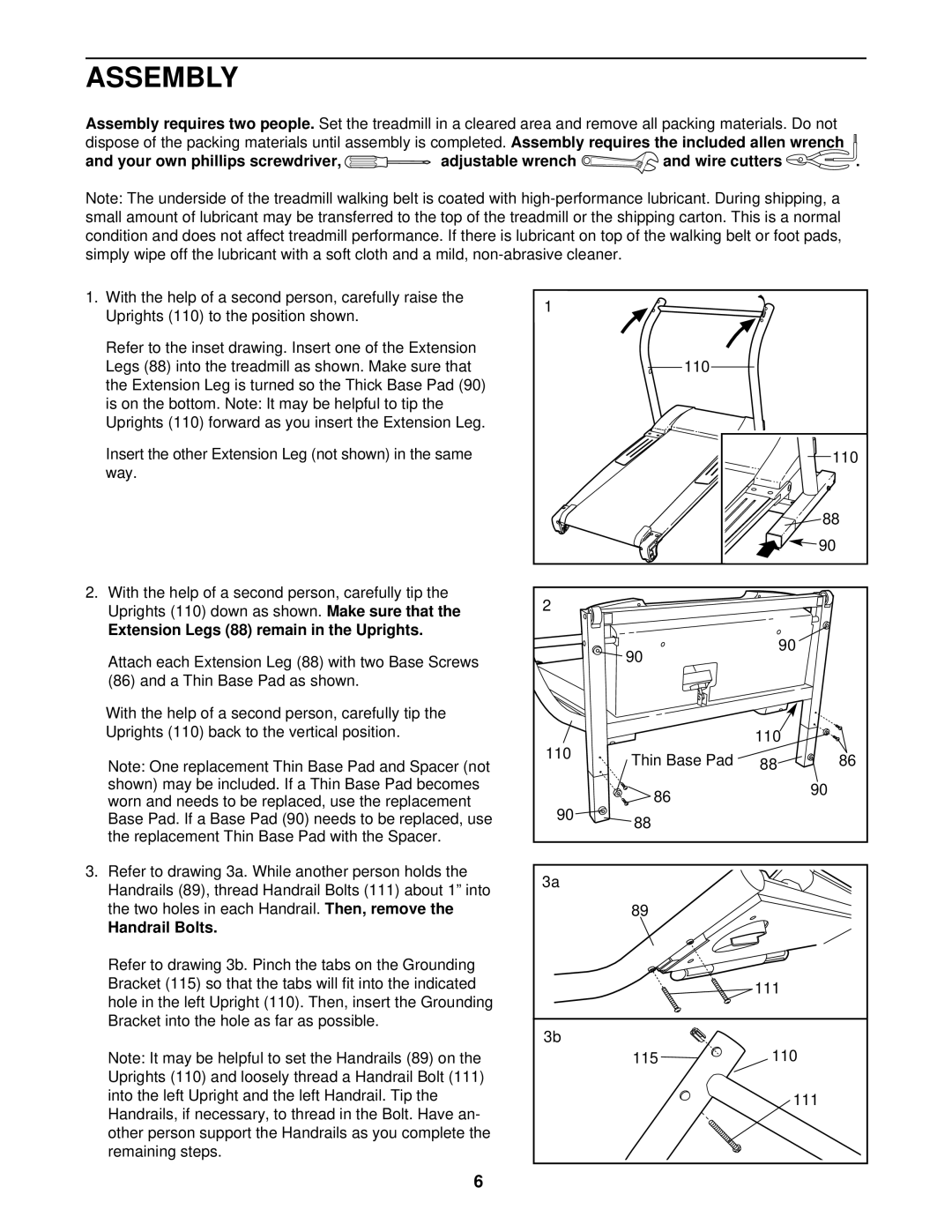 NordicTrack NTTL11510 user manual Assembly, Extension Legs 88 remain in the Uprights, Handrail Bolts 