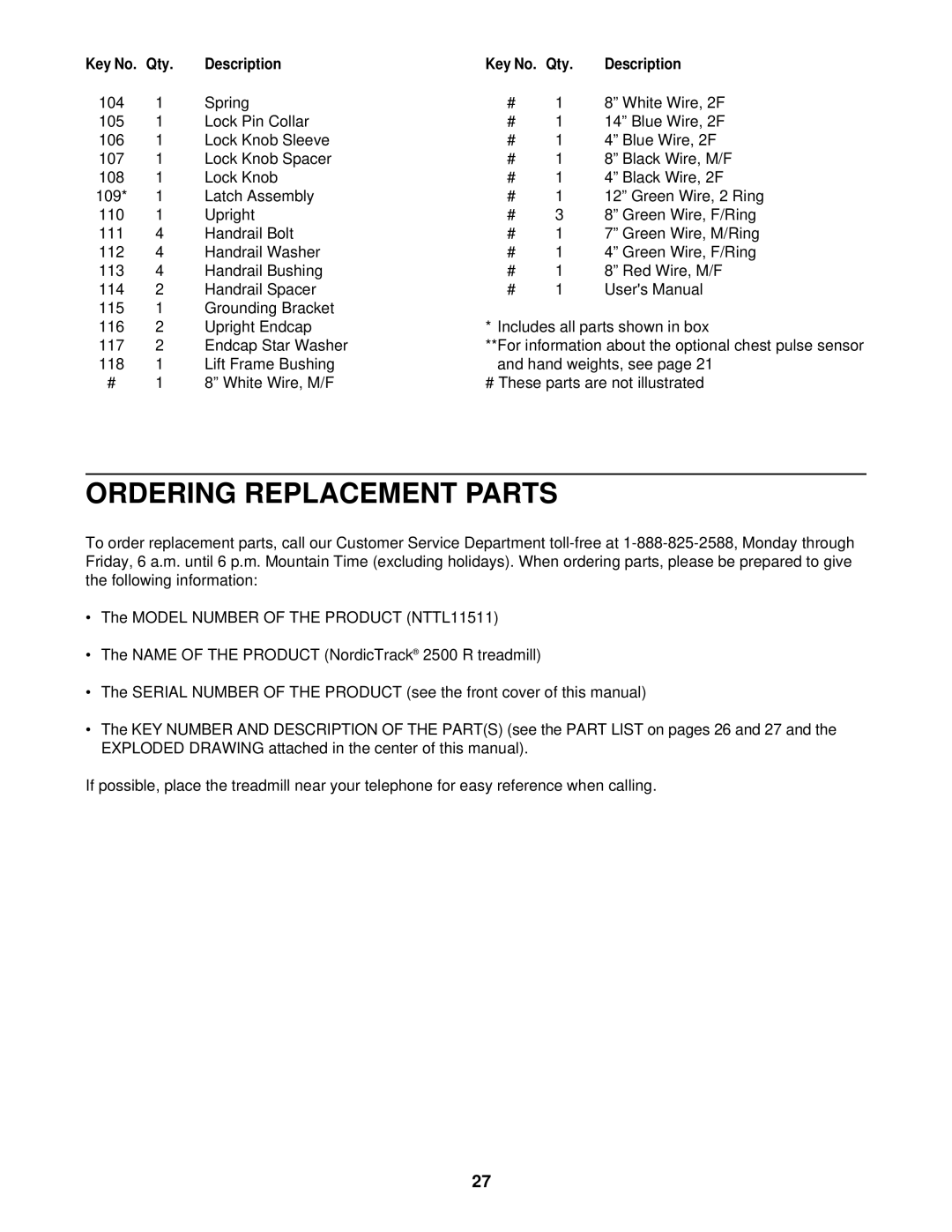 NordicTrack NTTL11511 user manual Ordering Replacement Parts 