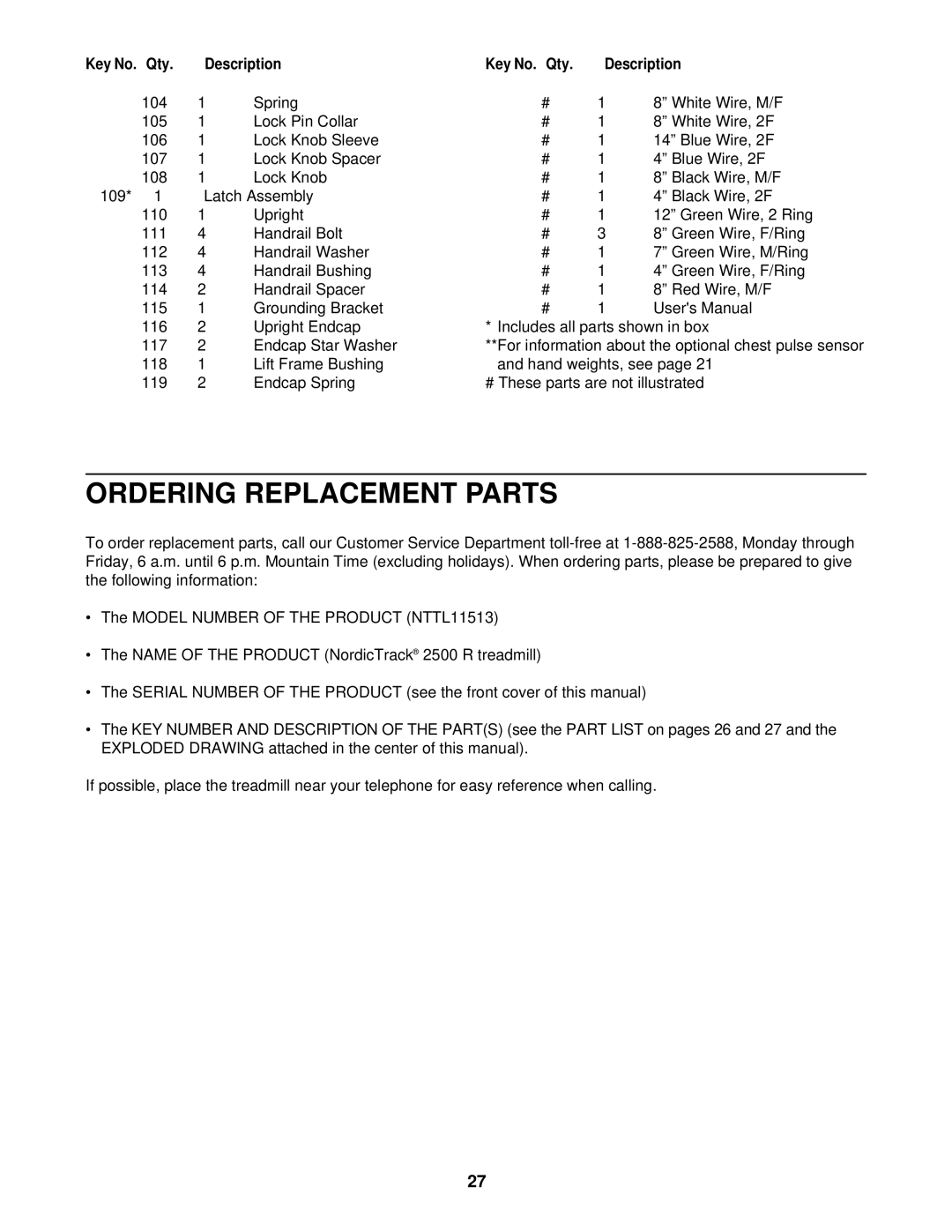 NordicTrack NTTL11513 user manual Ordering Replacement Parts, Description Key No. Qty 