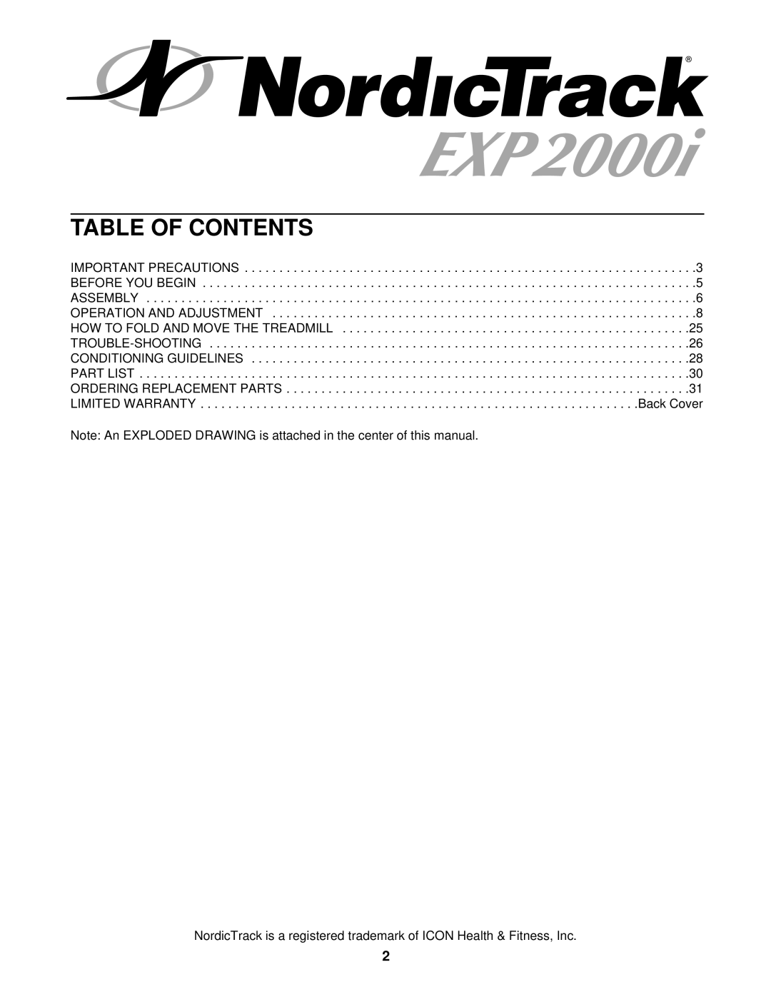 NordicTrack NTTL11903 user manual Table of Contents 