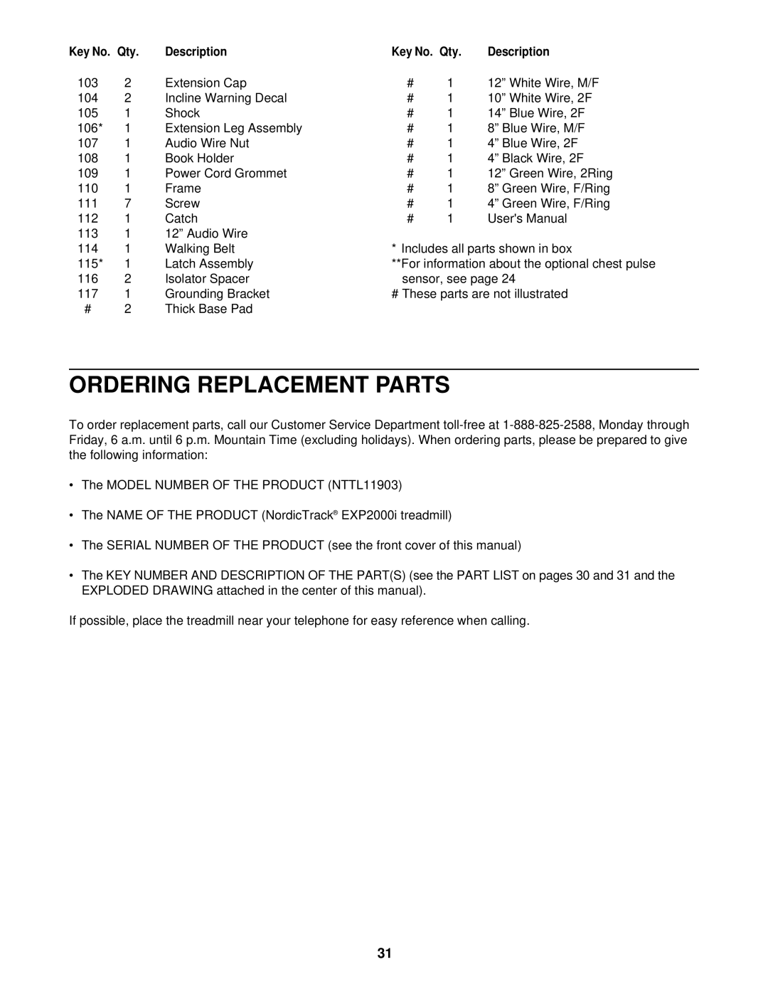 NordicTrack NTTL11903 user manual Ordering Replacement Parts 