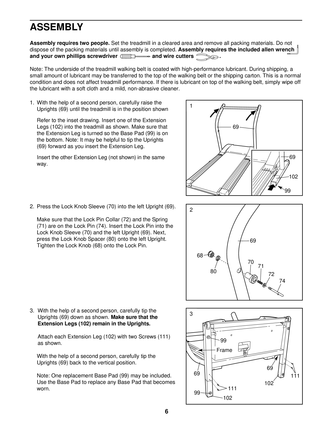 NordicTrack NTTL11903 Assembly, Your own phillips screwdriver and wire cutters, Extension Legs 102 remain in the Uprights 