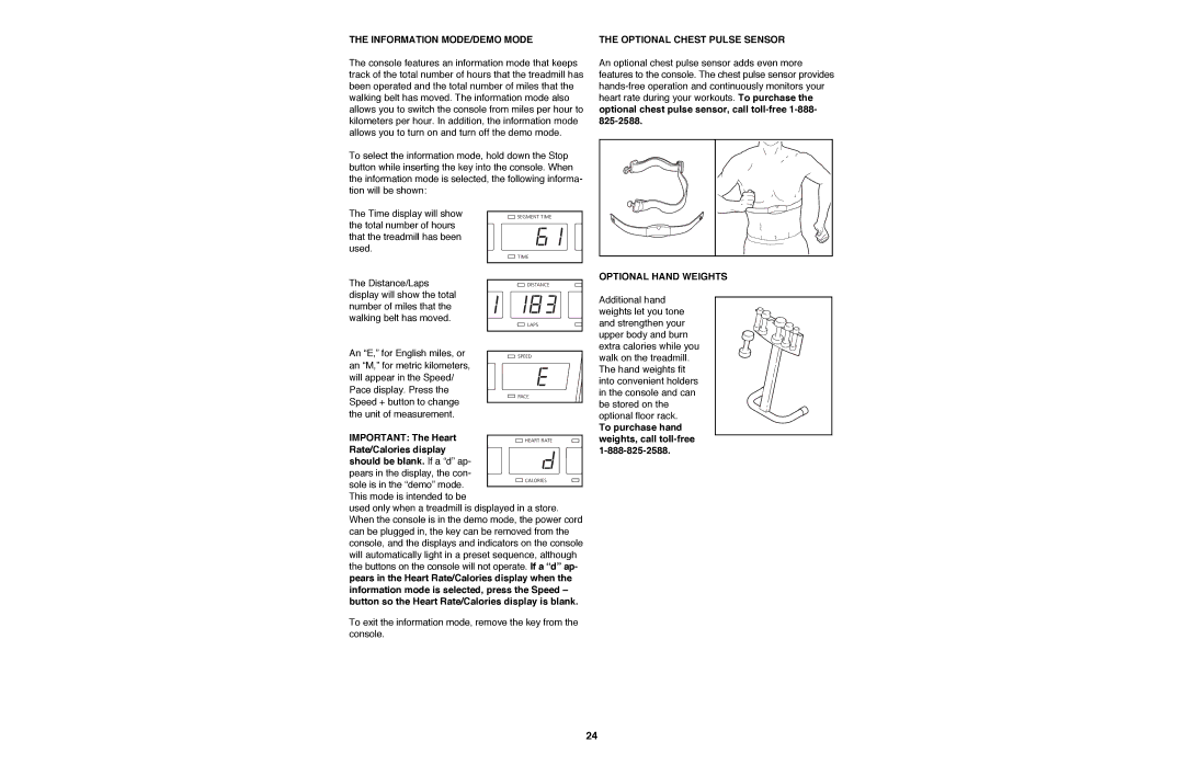 NordicTrack NTTL11990 manual Information MODE/DEMO Mode, Optional Chest Pulse Sensor, Optional Hand Weights 