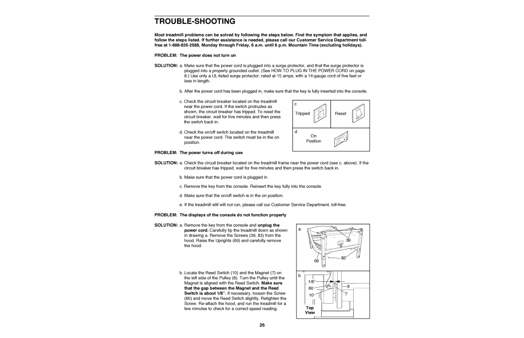 NordicTrack NTTL11990 manual Trouble-Shooting, Problem The power turns off during use, Top View 