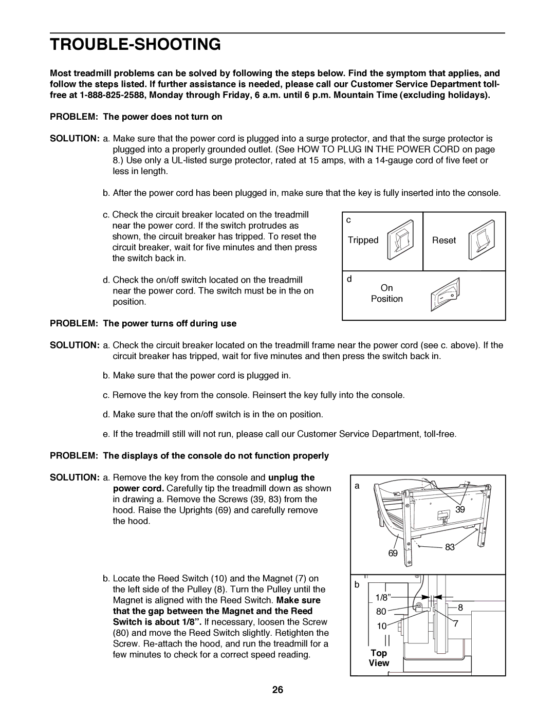 NordicTrack NTTL11991 manual Trouble-Shooting, Problem The power turns off during use, Top View 