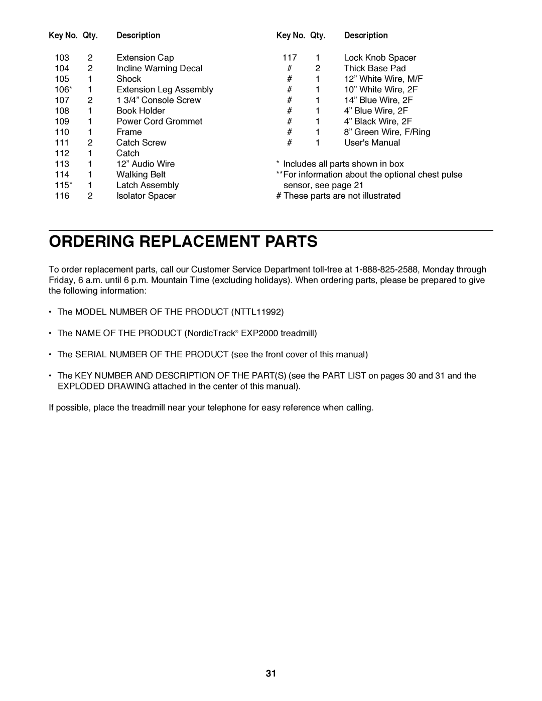 NordicTrack NTTL11992 user manual Ordering Replacement Parts 