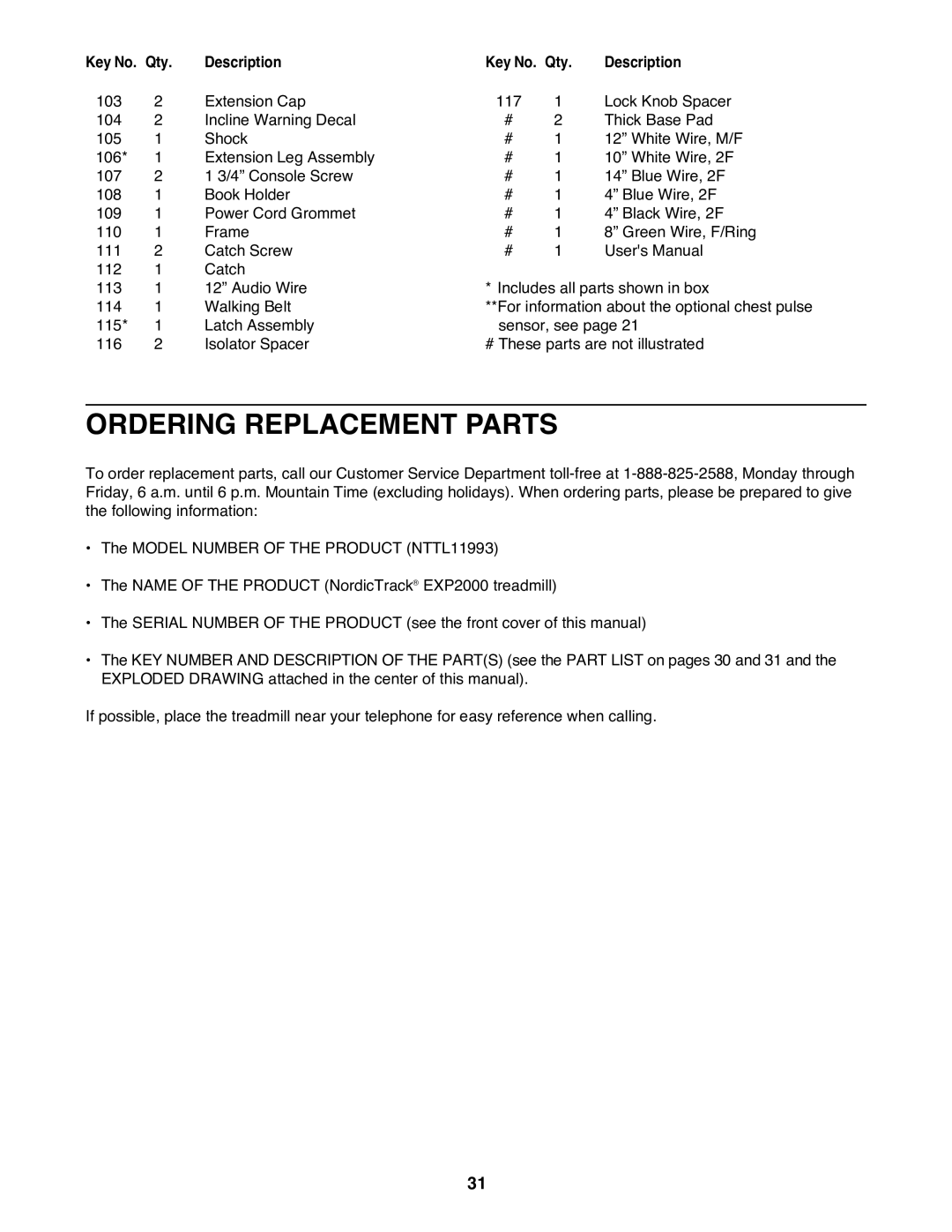 NordicTrack NTTL11993 user manual Ordering Replacement Parts 