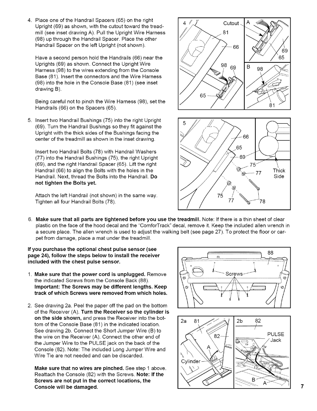 NordicTrack NTTL11994 user manual InserttwoHandrailBolts78withHandrailWashers, Not tighten the Bolts yet 