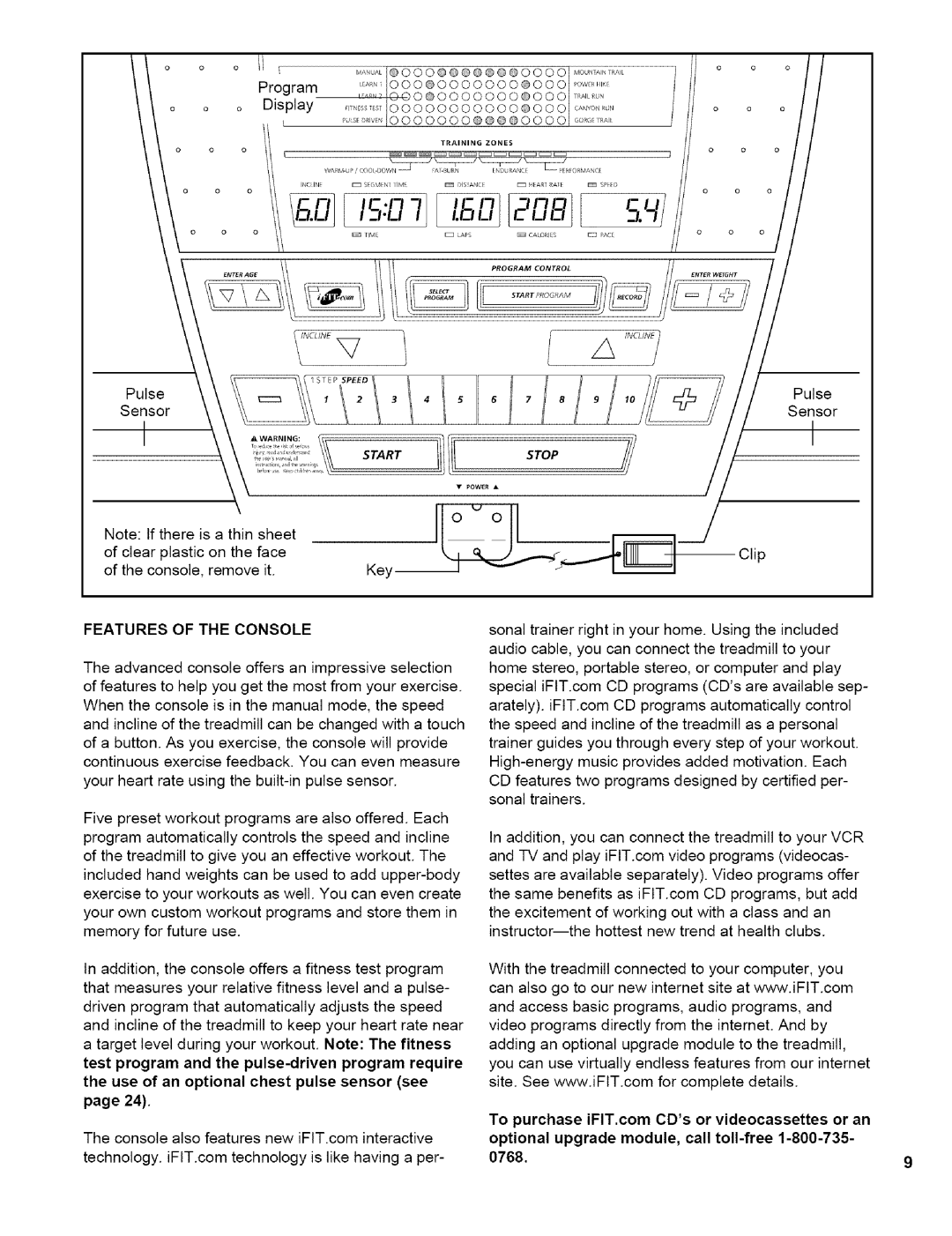 NordicTrack NTTL11994 user manual Features of the Console, Use of an optional chest pulse sensor see 