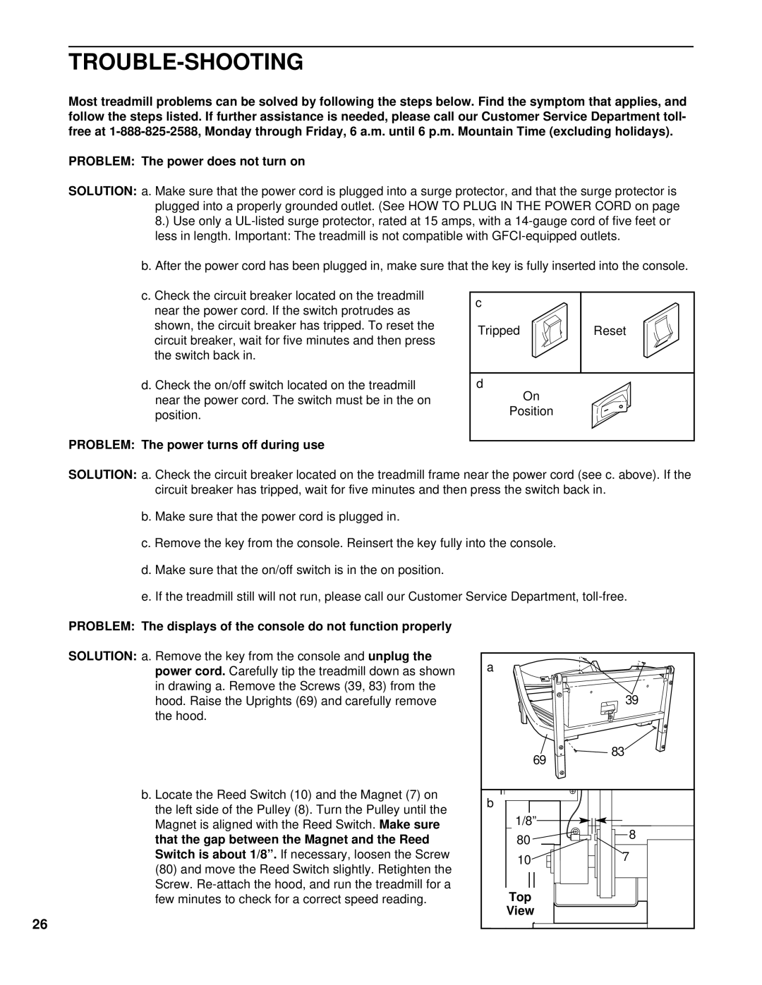 NordicTrack NTTL11994 user manual Trouble-Shooting, Problem The power turns off during use, Top View 